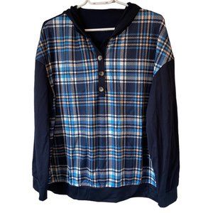 Shein NWT Women's Navy Blue Plaid Print Long Sleeve Hooded Tee Size XL